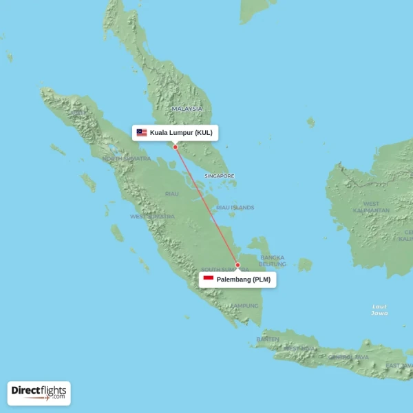 Palembang - Kuala Lumpur direct flight map