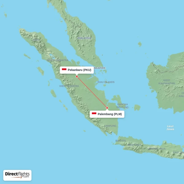 Palembang - Pekanbaru direct flight map