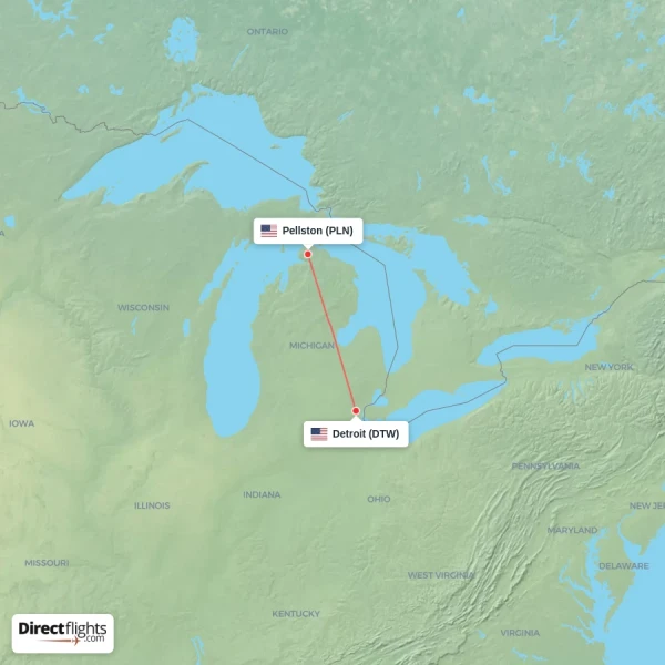 Pellston - Detroit direct flight map