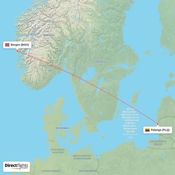 Palanga - Bergen direct flight map