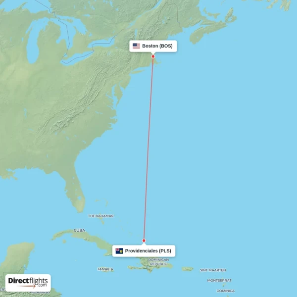 Providenciales - Boston direct flight map