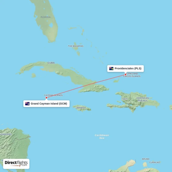 Providenciales - Grand Cayman Island direct flight map