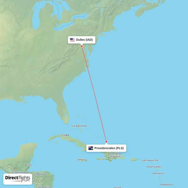 Providenciales - Dulles direct flight map