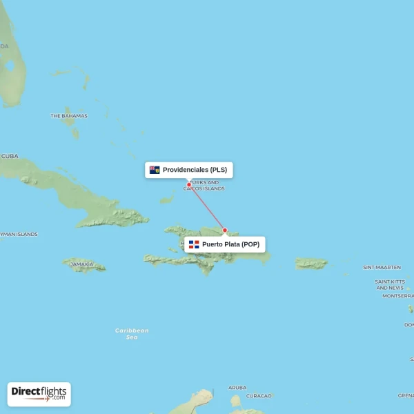 Providenciales - Puerto Plata direct flight map