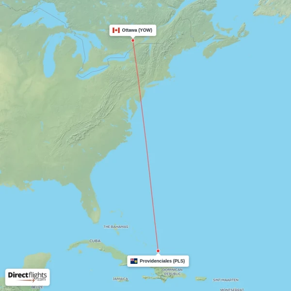 Providenciales - Ottawa direct flight map