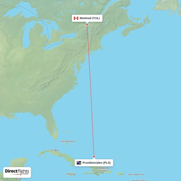 Providenciales - Montreal direct flight map