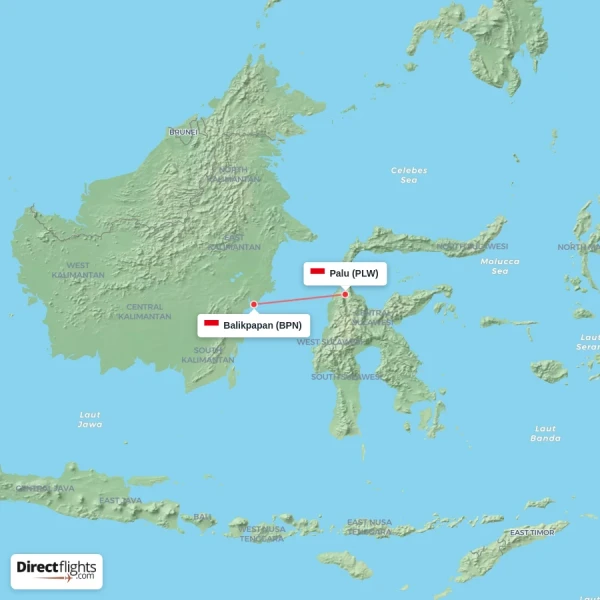 Palu - Balikpapan direct flight map