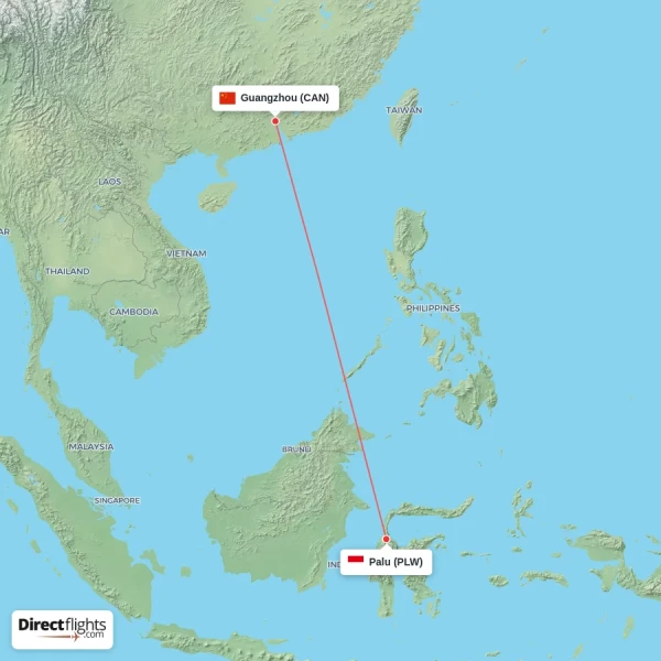 Palu - Guangzhou direct flight map