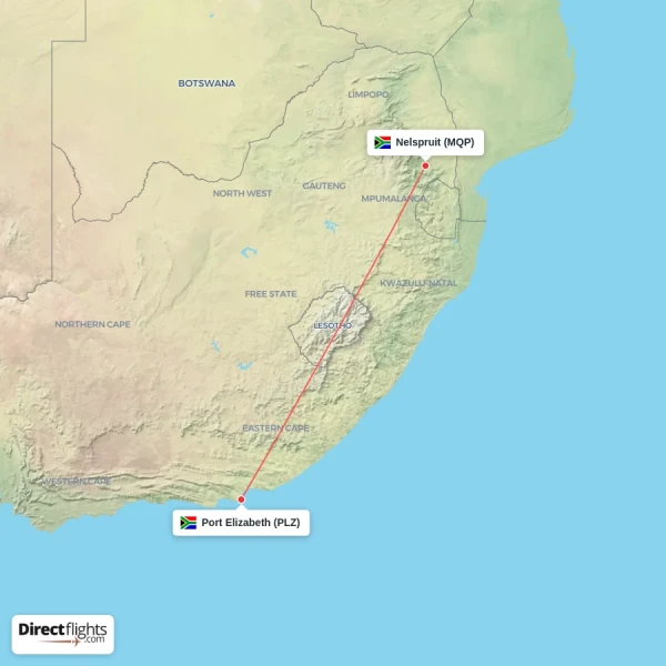 Port Elizabeth - Nelspruit direct flight map