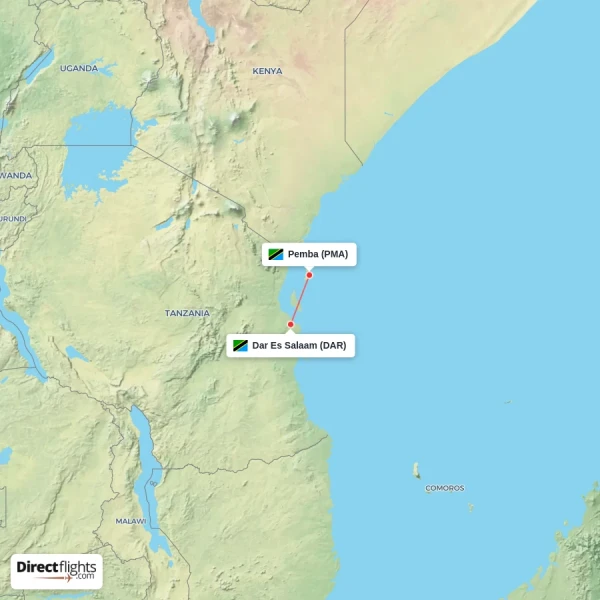 Pemba - Dar Es Salaam direct flight map