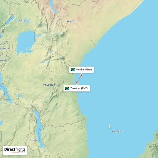 Pemba - Zanzibar direct flight map