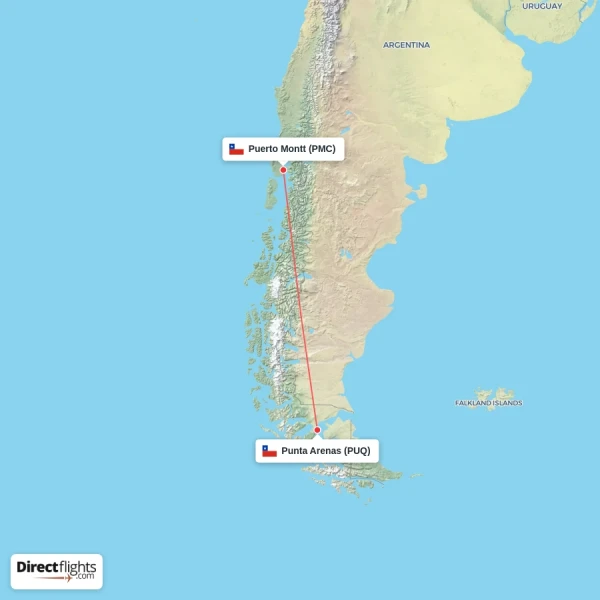 Puerto Montt - Punta Arenas direct flight map
