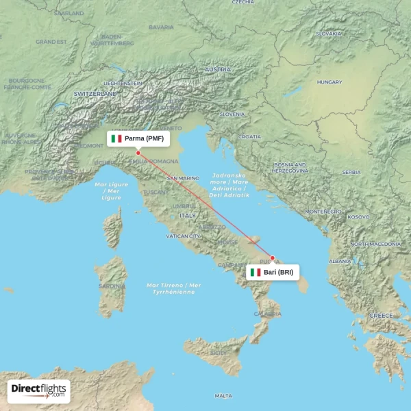 Parma - Bari direct flight map