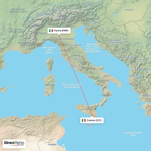 Parma - Comiso direct flight map