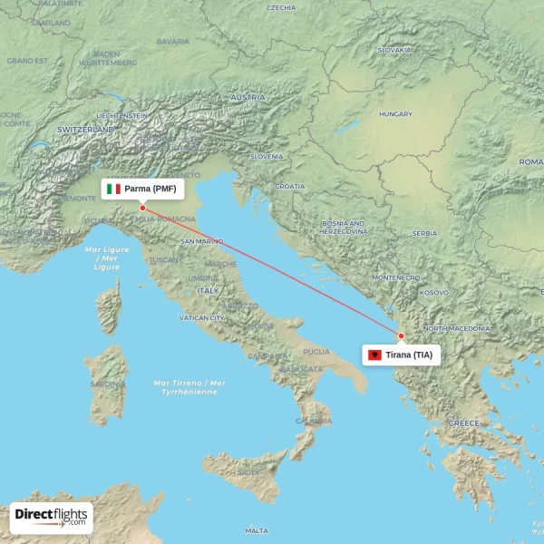 Parma - Tirana direct flight map