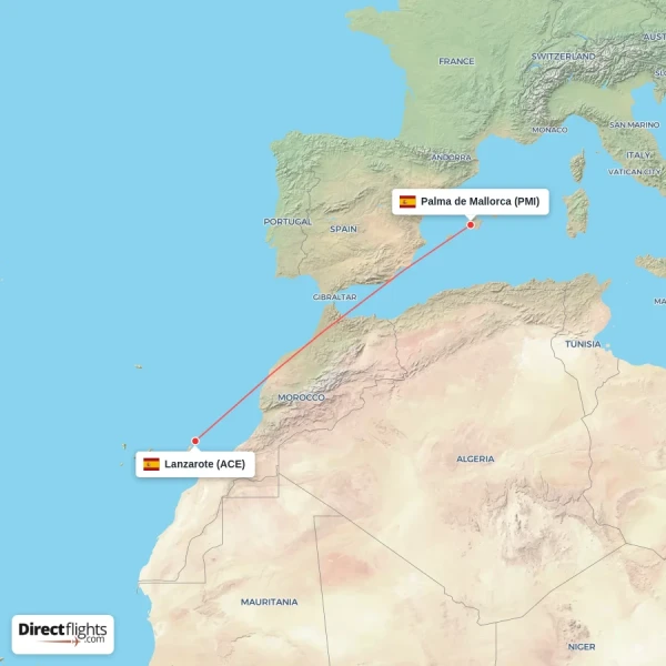 Palma de Mallorca - Lanzarote direct flight map