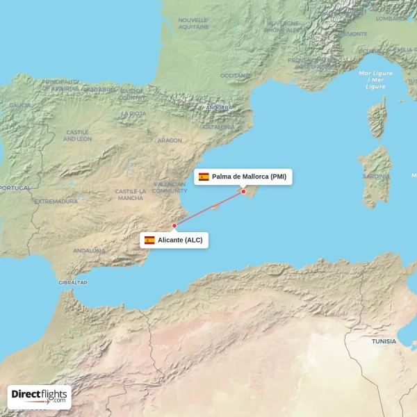 Palma de Mallorca - Alicante direct flight map