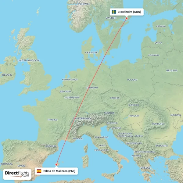 Palma de Mallorca - Stockholm direct flight map
