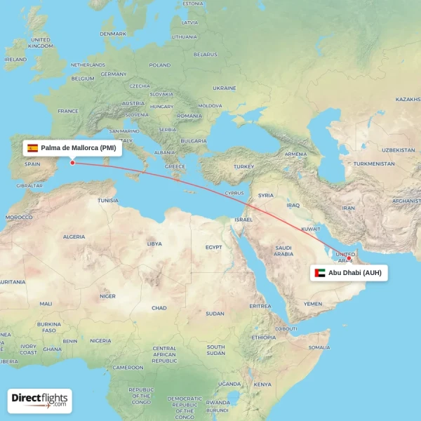 Palma de Mallorca - Abu Dhabi direct flight map