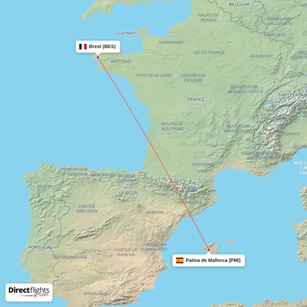Palma de Mallorca - Brest direct flight map