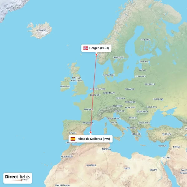 Palma de Mallorca - Bergen direct flight map