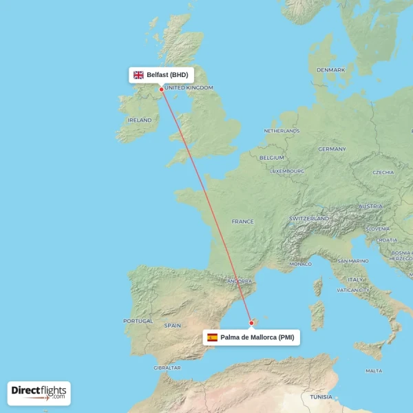 Palma de Mallorca - Belfast direct flight map