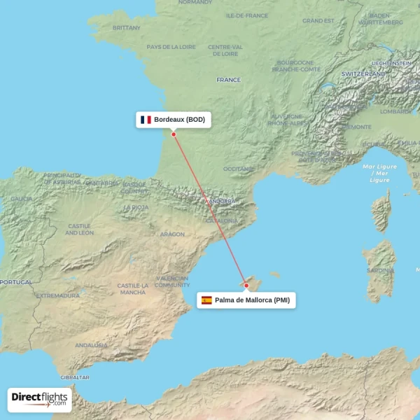 Palma de Mallorca - Bordeaux direct flight map