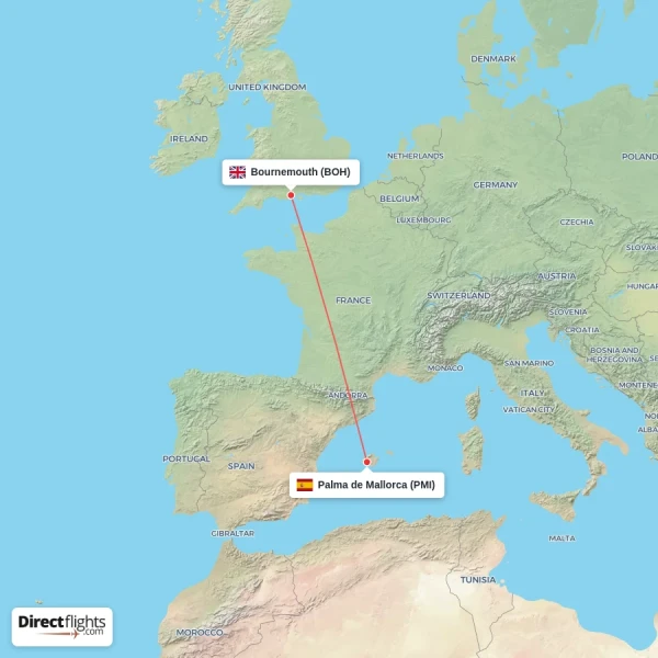 Palma de Mallorca - Bournemouth direct flight map