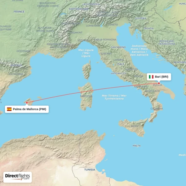 Palma de Mallorca - Bari direct flight map
