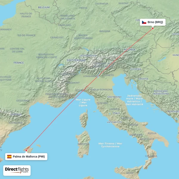 Palma de Mallorca - Brno direct flight map