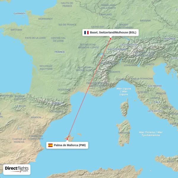 Palma de Mallorca - Basel, Switzerland/Mulhouse direct flight map