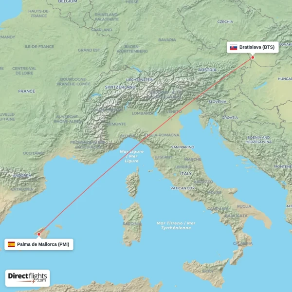 Palma de Mallorca - Bratislava direct flight map