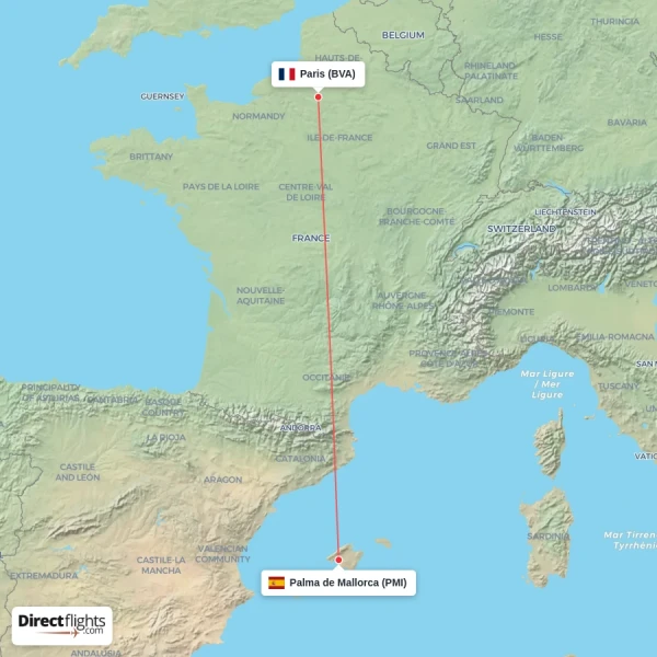 Palma de Mallorca - Paris direct flight map