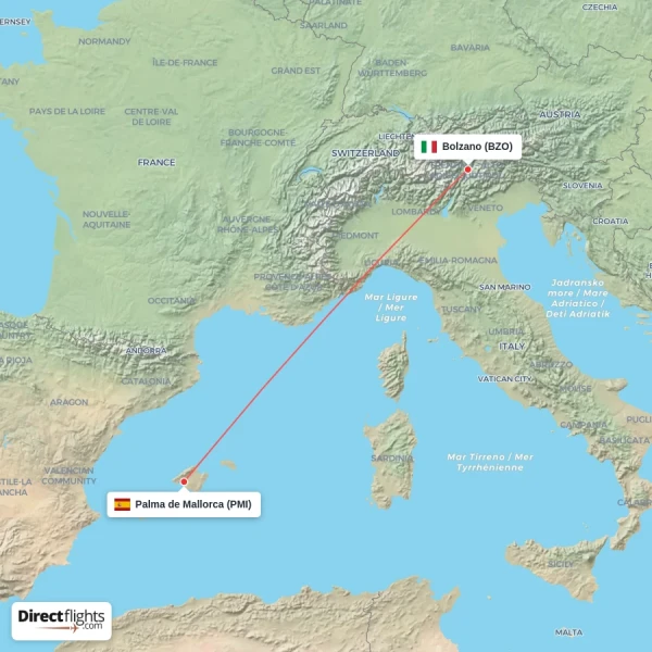 Palma de Mallorca - Bolzano direct flight map