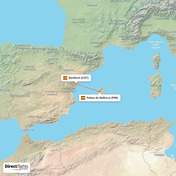 Palma de Mallorca - Benlloch direct flight map
