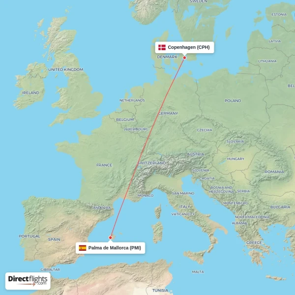 Palma de Mallorca - Copenhagen direct flight map