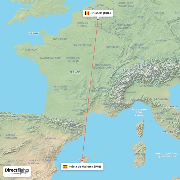 Palma de Mallorca - Brussels direct flight map