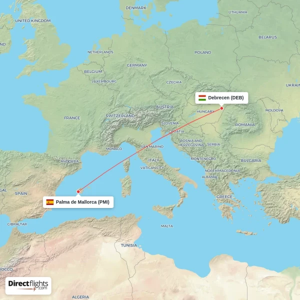 Palma de Mallorca - Debrecen direct flight map