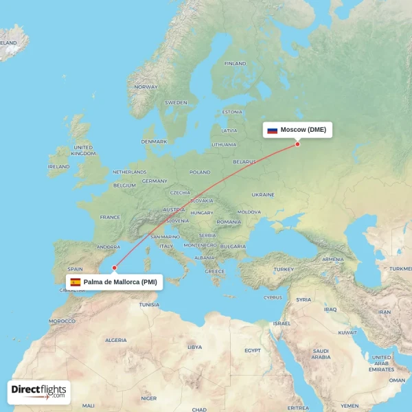Palma de Mallorca - Moscow direct flight map