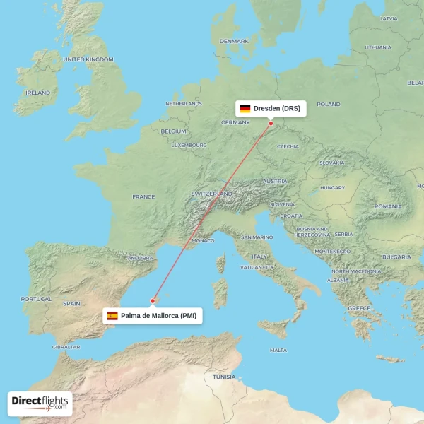 Palma de Mallorca - Dresden direct flight map