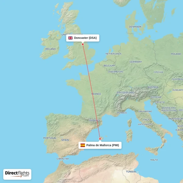 Palma de Mallorca - Doncaster direct flight map