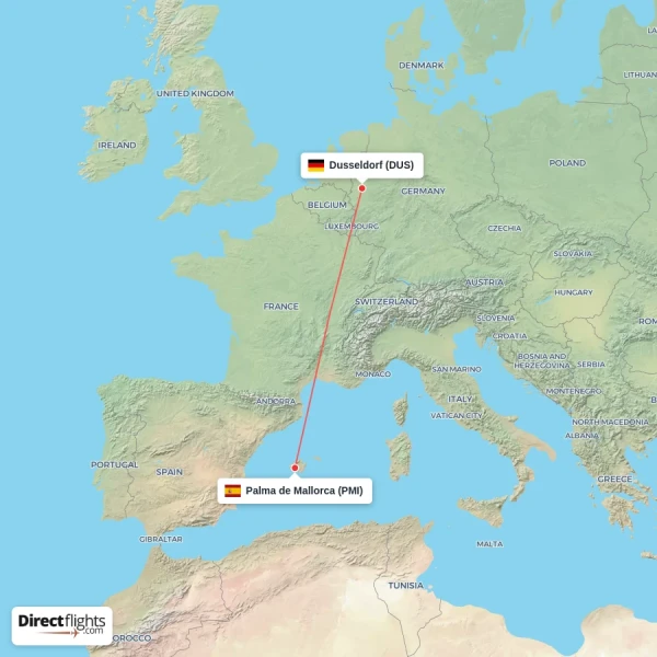 Palma de Mallorca - Dusseldorf direct flight map