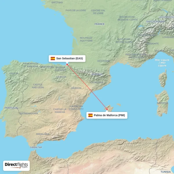 Palma de Mallorca - San Sebastian direct flight map