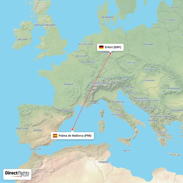 Palma de Mallorca - Erfurt direct flight map