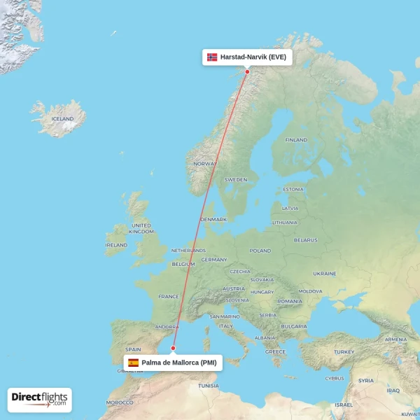 Palma de Mallorca - Harstad-Narvik direct flight map