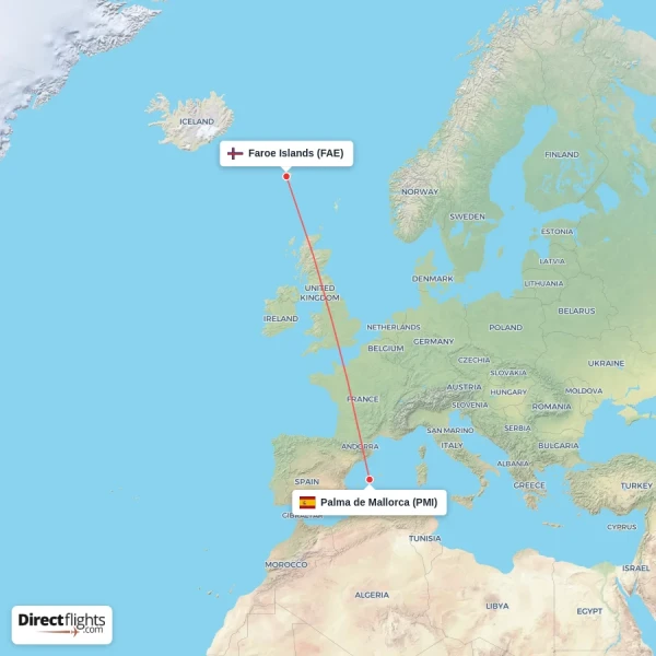 Palma de Mallorca - Faroe Islands direct flight map