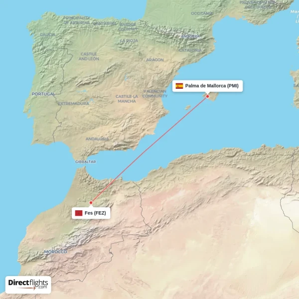 Palma de Mallorca - Fes direct flight map