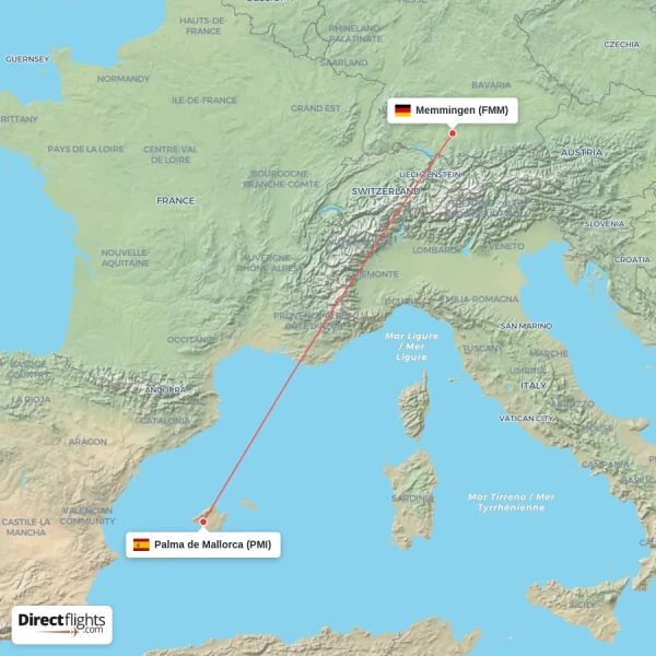 Palma de Mallorca - Memmingen direct flight map