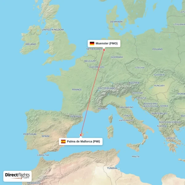 Palma de Mallorca - Muenster direct flight map