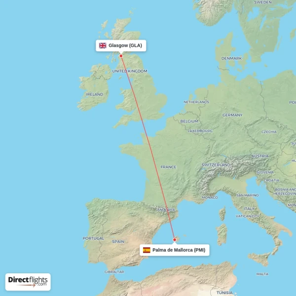 Palma de Mallorca - Glasgow direct flight map